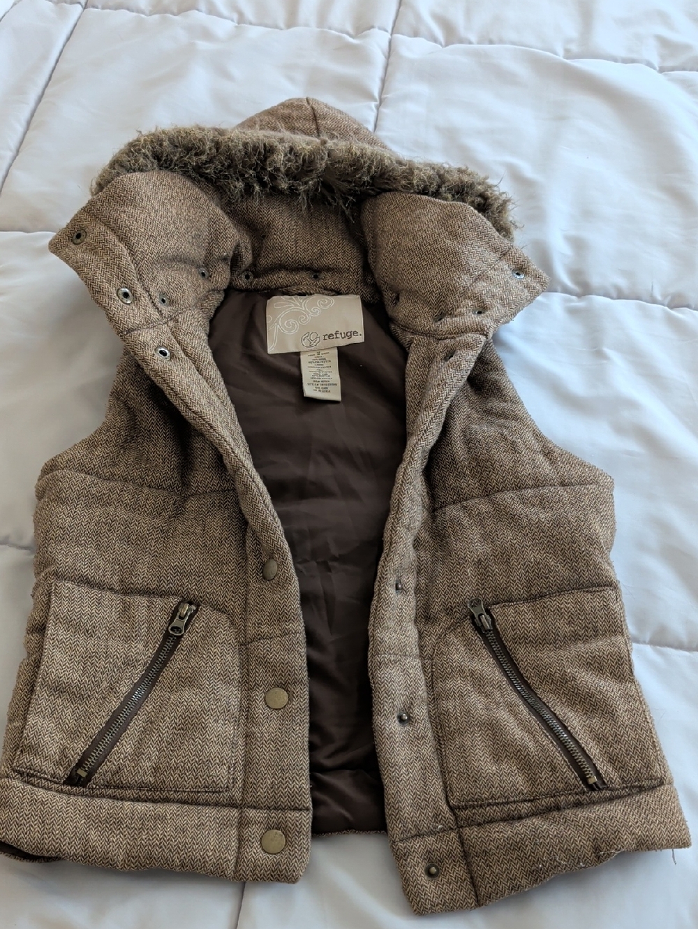 refuge Taupe-Brown Quilted Hooded Vest with Faux Fur Trim